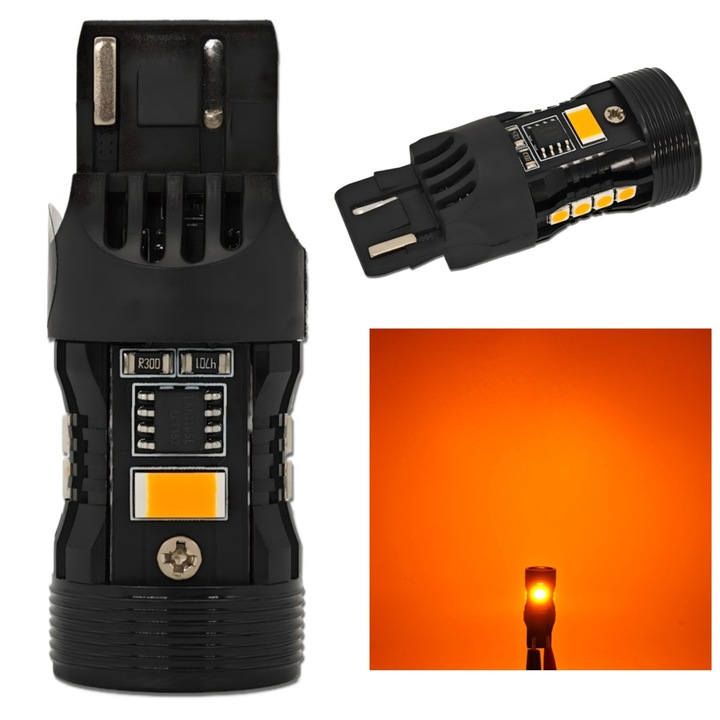 Autó LED irányjelző izzó, motoLEDy, W21W, 7440, 9-16V, 1600lm, CANBUS hibamentes, 8+2 LED/darab, SMD 3030/3570, 360°, 97% hatékonyság, 50000 óra élettartam, azonnali indítás, ütés- és túlfeszültségálló, Narancssárga, Készlet 2 darab