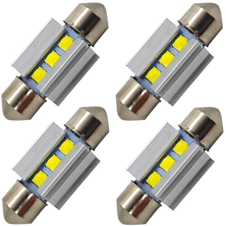 Bec LED tubular auto, motoLEDy, SV8.5 C5W, 36mm, Set 4 bucati, 12-24V, 320lm, Alb Xenon 5500K, CANBUS, 3 SMD 3030 LED-uri, Fara Polaritate, Pentru Iluminare Interior, Placuta Inmatriculare, Portbagaj, Torpedou, Durata Lunga de Viata