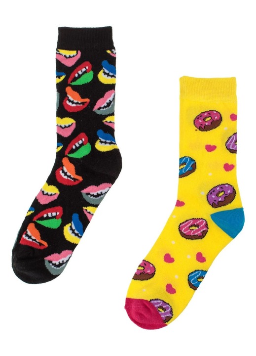 Sosete Fancy Negre Galbene Model Donuts & Gura pentru Femei 2 perechi
