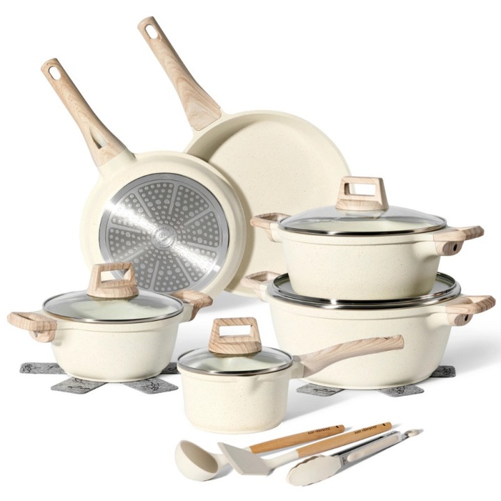 Комплект тенджери и тигани Just Perfecto JL-28, 15 ч, Отливка, Мраморно покритие, Индукция, Аксесоари, Бежов