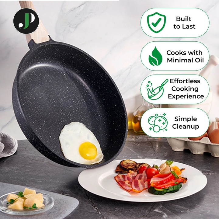 Комплект тенджери и тигани Just Perfecto JL-780, 15 ч, Отливка, Мраморно покритие, Индукция, Съд за готвене на пара, Аксесоари, Черен