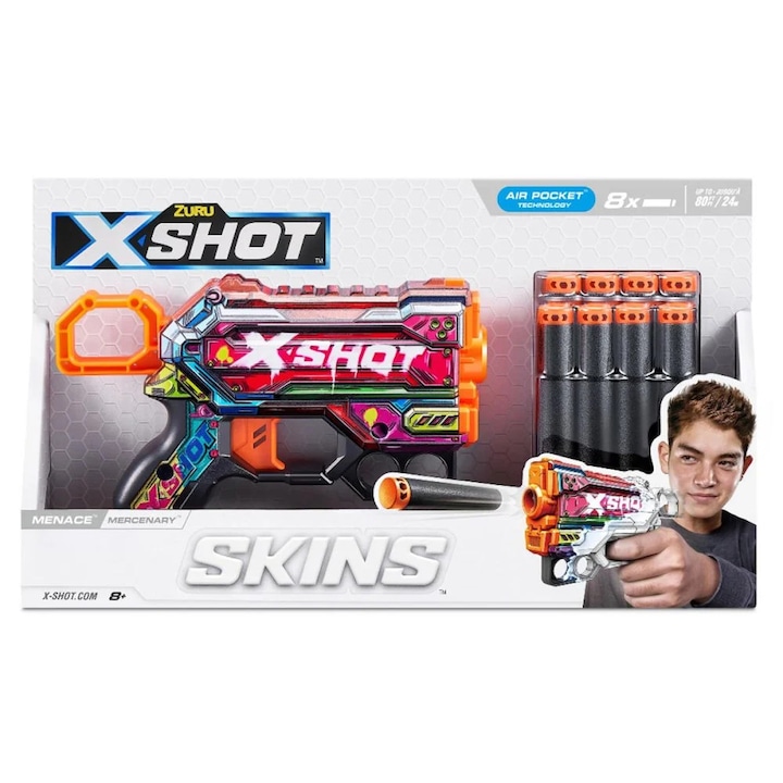 Pistol X-Shot Skins Menace, 8 proiectile, compact, tehnologie Air Pocket