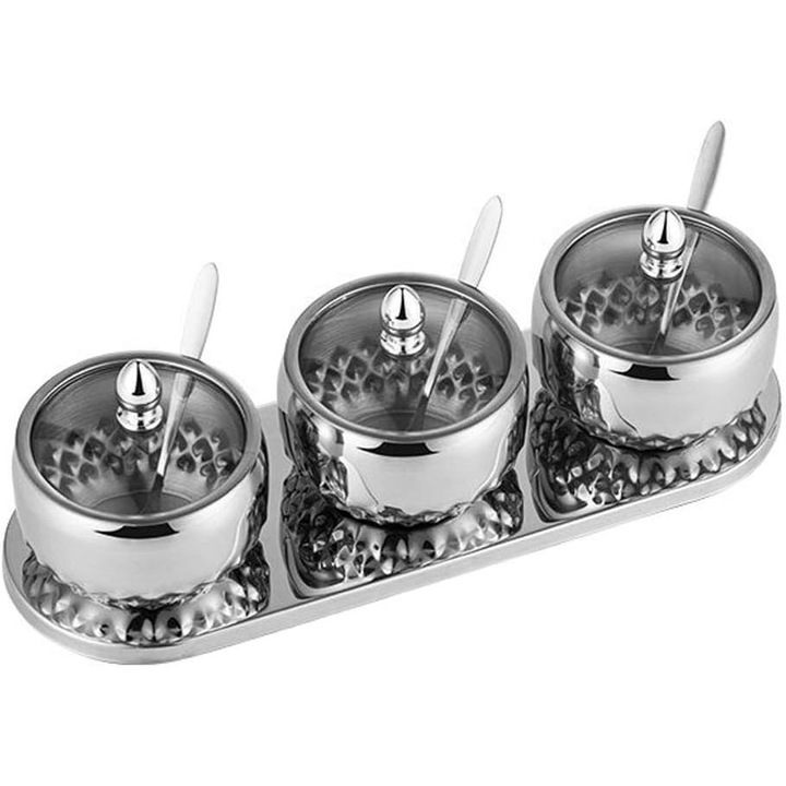 Set de recipiente pentru condimente, Enforose, 3 piese, inox, finisaj elegant, capac din sticla temperata