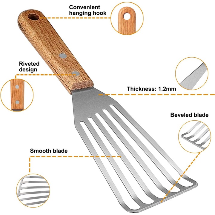Spatula de gatit Enforose, turner din inox cu maner din lemn, rezistent la caldura, dimensiuni versatile