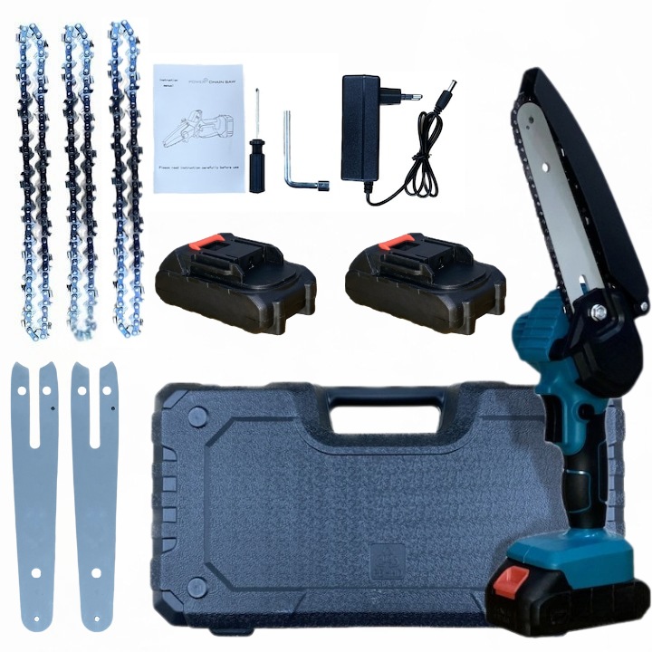 Mini akkus elektromos láncfűrész, 24 V, 2 elem, 3 lánc, 2 db 15 cm-es penge, hordozható és erős, ideális favágáshoz, kertészeti és karbantartási munkákhoz, könnyen használható