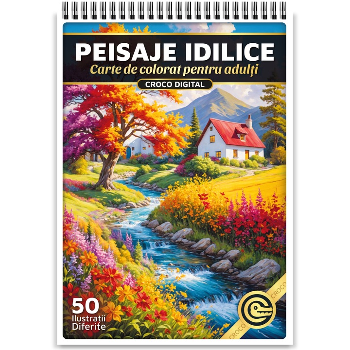 Carte de colorat pentru adulti, Peisaje Idilice, 50 Ilustratii Antistres pentru Relaxare, 106 pagini, 2024