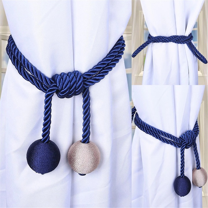 Accesorii perdele YANYXR, set 2 buc, albastru inchis, 43x4.6cm, cordon cu bile nod