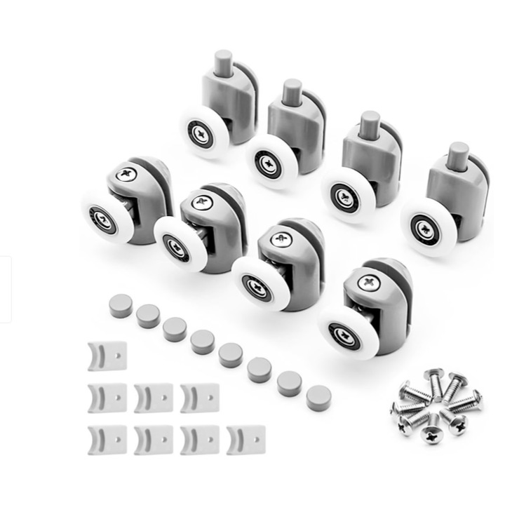 Set 8 roti 23mm pentru cabina de dus Ronys Group, universale, rulmenti tip easy move, opritori inclusi, instalare usoara, diametru 23 mm, Gri