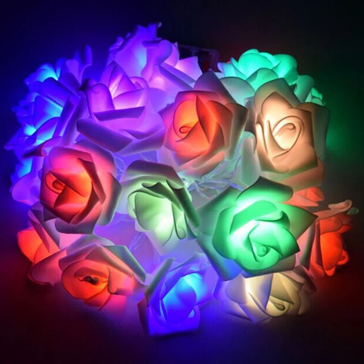 YANYXR BCS2902300 LED fényfüzér, függöny típusú, rózsák, USB töltés, szabályozható, villogó mód, többszínű, 20 LED