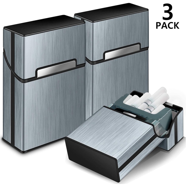 Set 3 bucati, Tabachera metalica pentru tigari, etui din aluminiu, cu inchidere magnetica, carcasa din plastic intarit, mecanism de fixare snap-in, Argintiu