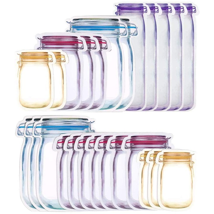Pungi resigilabile pentru depozitare alimente, reutilizabile, etanse, fara BPA, multicolor, 25 bucati