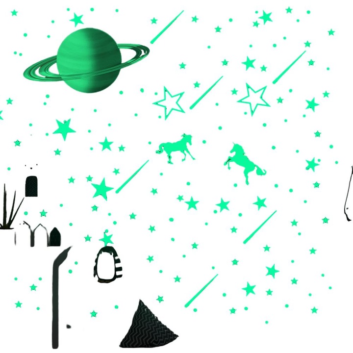 Stickere decorative 3D, Enforose, stele si luna fosforescente, PVC, reutilizabile, multicolor