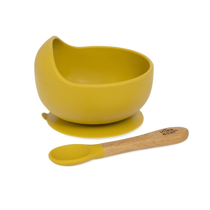 Vas cu ventuza + lingura galbena din silicon pentru a invata sa mananci