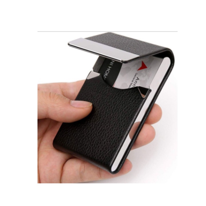 Suport pentru carti de vizita, Enforose, piele, blocare RFID, inchidere magnetica, design compact