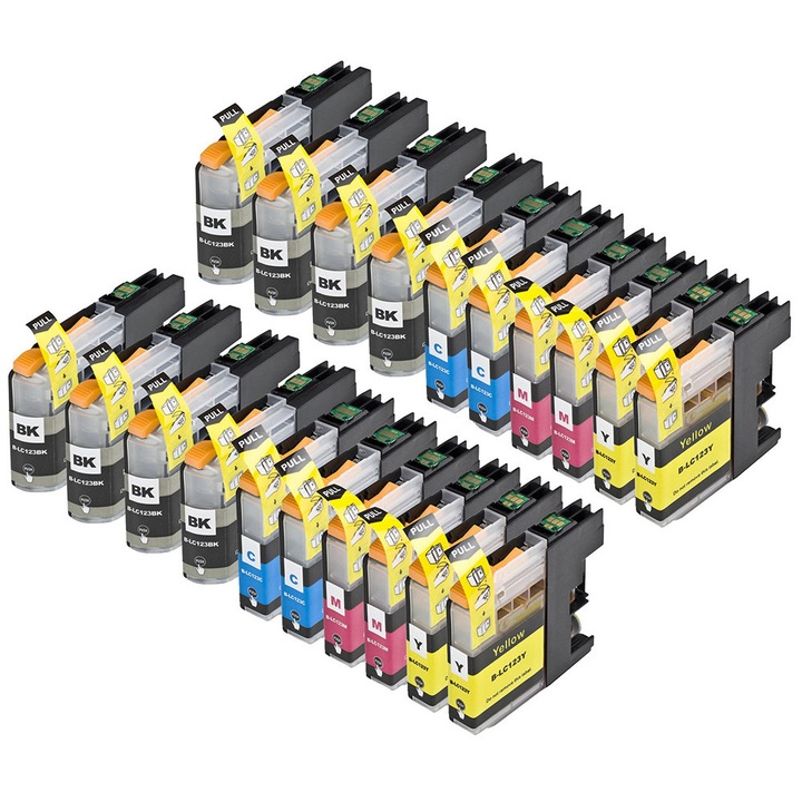Tintapatronkészlet, EMB, Brother kompatibilis, LC123, Készlet, 20 darabos, Többszínű, 8xFekete 30 ml, 4xKék 25 ml, 4xPiros 25 ml, 4xSárga 25 ml