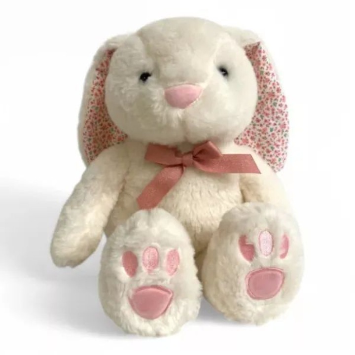 Бял плюшен заек с панделка, седящ - 27 см