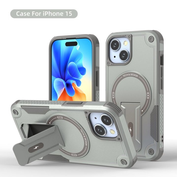 Калъф със стойка, съвместим с MagSafe, Удароустойчив, подсилени ъгли, PC+TPU, за iPhone 15