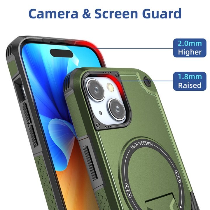 Husa Bumper Compatibil cu iPhone 15, Protectie 4 Colturi Anti-soc, Suport Fix, MagSafe Compatibil, Magnet Puternic, PC + TPU, Verde Armata