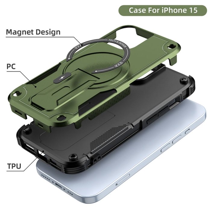 Husa Bumper Compatibil cu iPhone 15, Protectie 4 Colturi Anti-soc, Suport Fix, MagSafe Compatibil, Magnet Puternic, PC + TPU, Verde Armata
