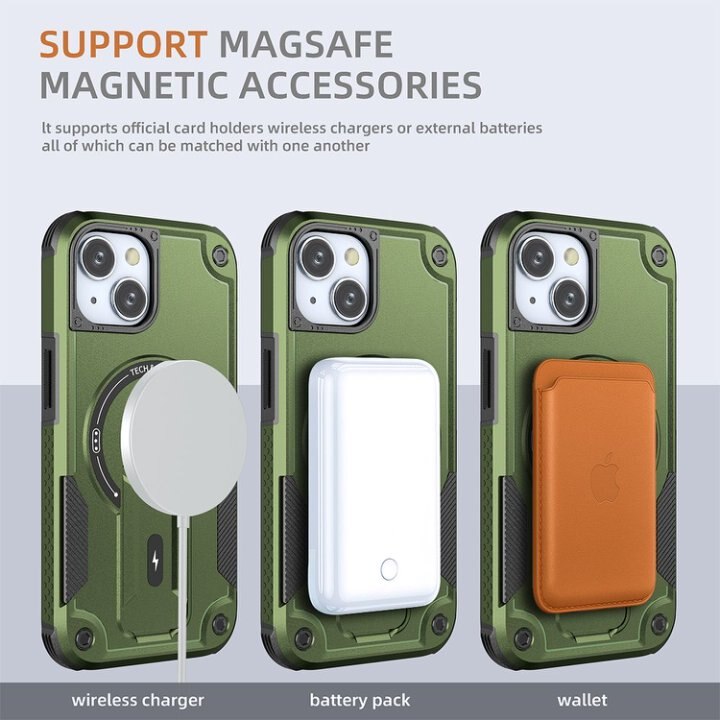 Husa Bumper Compatibil cu iPhone 15, Protectie 4 Colturi Anti-soc, Suport Fix, MagSafe Compatibil, Magnet Puternic, PC + TPU, Verde Armata