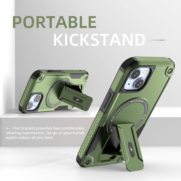 Husa Bumper Compatibil cu iPhone 15, Protectie 4 Colturi Anti-soc, Suport Fix, MagSafe Compatibil, Magnet Puternic, PC + TPU, Verde Armata