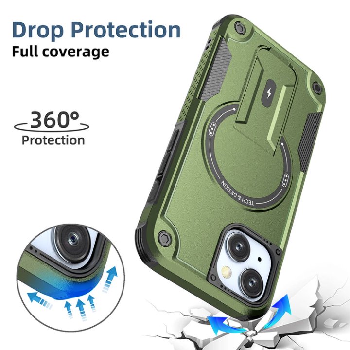 Husa Bumper Compatibil cu iPhone 15, Protectie 4 Colturi Anti-soc, Suport Fix, MagSafe Compatibil, Magnet Puternic, PC + TPU, Verde Armata