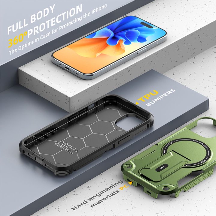 Husa Bumper Compatibil cu iPhone 15, Protectie 4 Colturi Anti-soc, Suport Fix, MagSafe Compatibil, Magnet Puternic, PC + TPU, Verde Armata