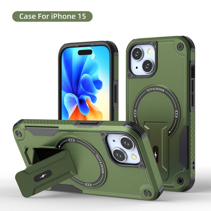 Husa Bumper Compatibil cu iPhone 15, Protectie 4 Colturi Anti-soc, Suport Fix, MagSafe Compatibil, Magnet Puternic, PC + TPU, Verde Armata