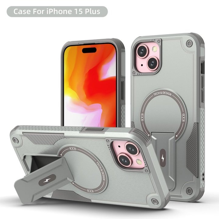 Husa Bumper Compatibil cu iPhone 15 Plus, Protectie 4 Colturi Anti-soc, Suport Fix, MagSafe Compatibil, Magnet Puternic, PC + TPU, Gri Metalic