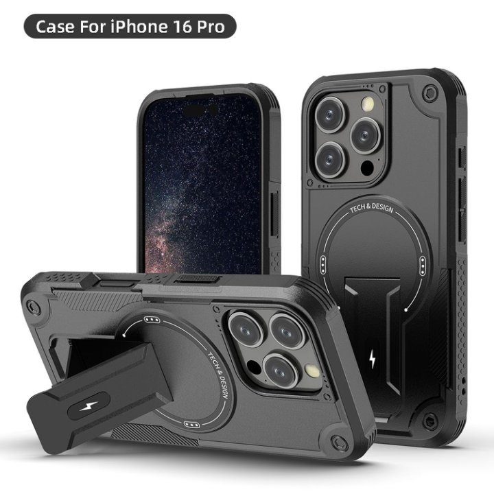 Удароустойчив калъф със стойка, съвместим с MagSafe, подсилени ъгли, PC+TPU, за iPhone 16 PRO, графитно черен