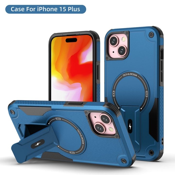 Husa Bumper Compatibil cu iPhone 15 Plus, Protectie 4 Colturi Anti-soc, Suport Fix, MagSafe Compatibil, Magnet Puternic, PC + TPU, Albastru inchis