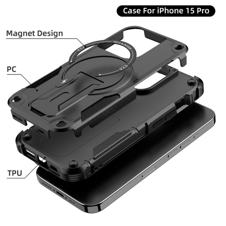 Husa Bumper Compatibil cu iPhone 15 Pro, Protectie 4 Colturi Anti-soc, Suport Fix, MagSafe Compatibil, Magnet Puternic, PC + TPU, Negru Grafit