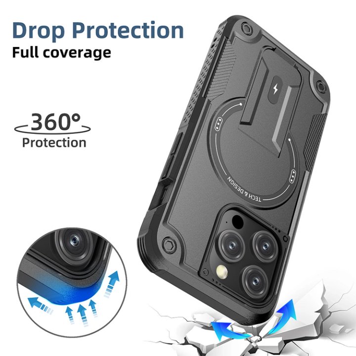 Husa Bumper Compatibil cu iPhone 15 Pro, Protectie 4 Colturi Anti-soc, Suport Fix, MagSafe Compatibil, Magnet Puternic, PC + TPU, Negru Grafit