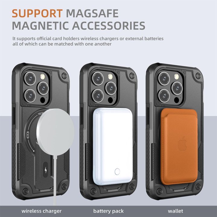 Husa Bumper Compatibil cu iPhone 15 Pro, Protectie 4 Colturi Anti-soc, Suport Fix, MagSafe Compatibil, Magnet Puternic, PC + TPU, Negru Grafit