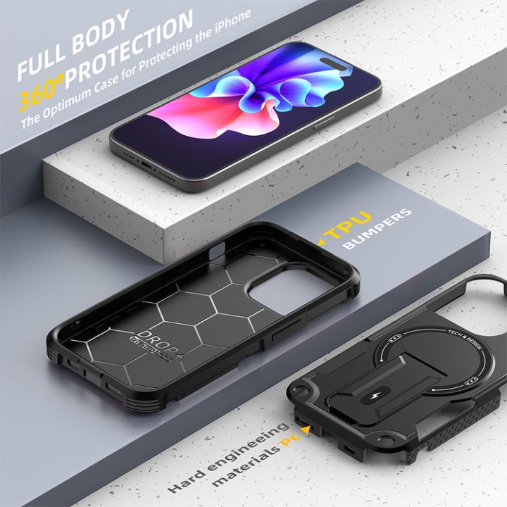 Husa Bumper Compatibil cu iPhone 15 Pro, Protectie 4 Colturi Anti-soc, Suport Fix, MagSafe Compatibil, Magnet Puternic, PC + TPU, Negru Grafit