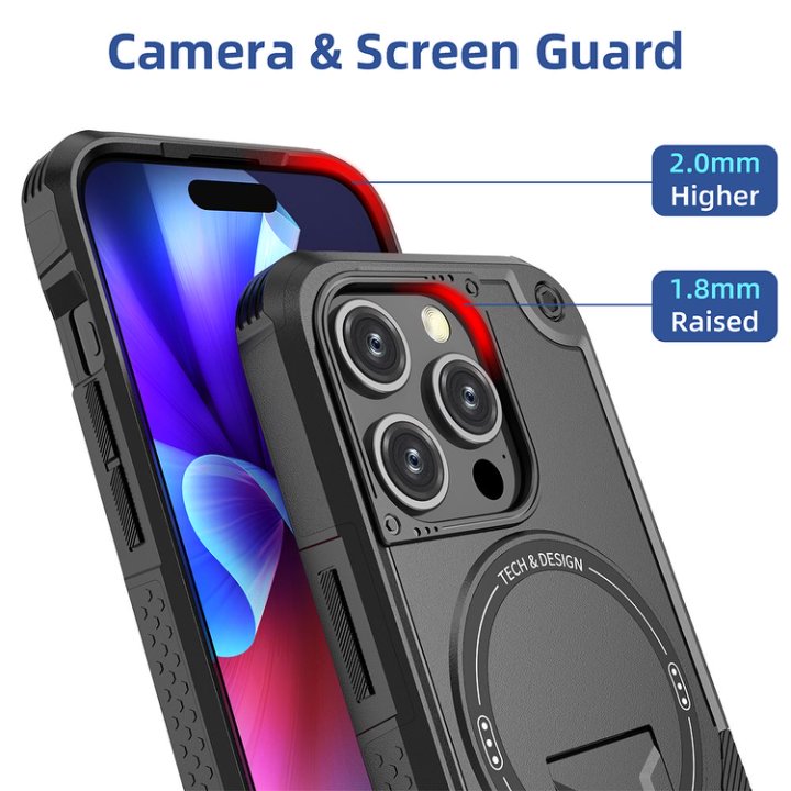 Husa Bumper Compatibil cu iPhone 15 Pro, Protectie 4 Colturi Anti-soc, Suport Fix, MagSafe Compatibil, Magnet Puternic, PC + TPU, Negru Grafit