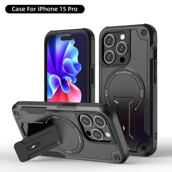 Husa Bumper Compatibil cu iPhone 15 Pro, Protectie 4 Colturi Anti-soc, Suport Fix, MagSafe Compatibil, Magnet Puternic, PC + TPU, Negru Grafit