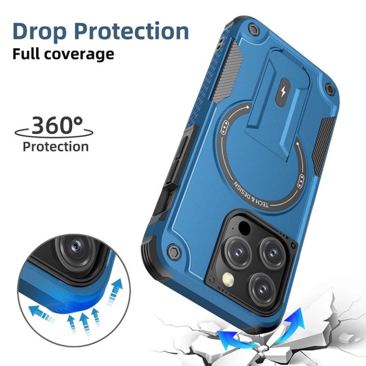 Husa Bumper Compatibil cu iPhone 15 Pro, Protectie 4 Colturi Anti-soc, Suport Fix, MagSafe Compatibil, Magnet Puternic, PC + TPU, Albastru inchis