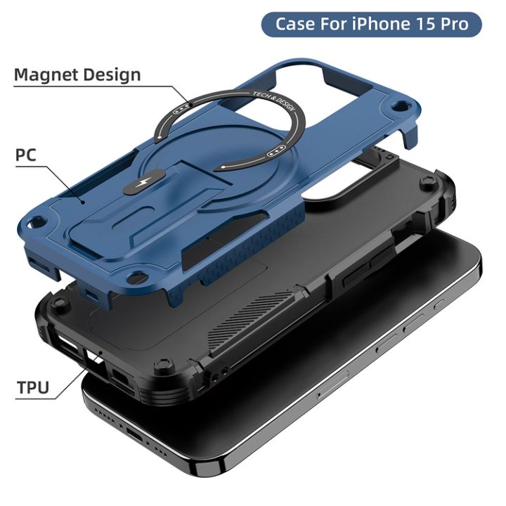 Husa Bumper Compatibil cu iPhone 15 Pro, Protectie 4 Colturi Anti-soc, Suport Fix, MagSafe Compatibil, Magnet Puternic, PC + TPU, Albastru inchis