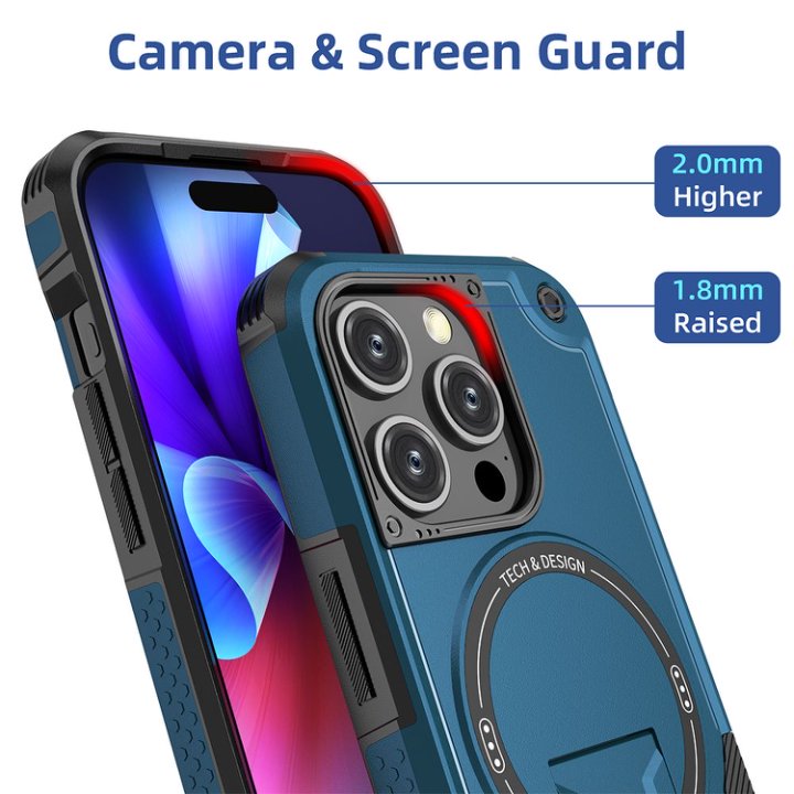 Husa Bumper Compatibil cu iPhone 15 Pro, Protectie 4 Colturi Anti-soc, Suport Fix, MagSafe Compatibil, Magnet Puternic, PC + TPU, Albastru inchis