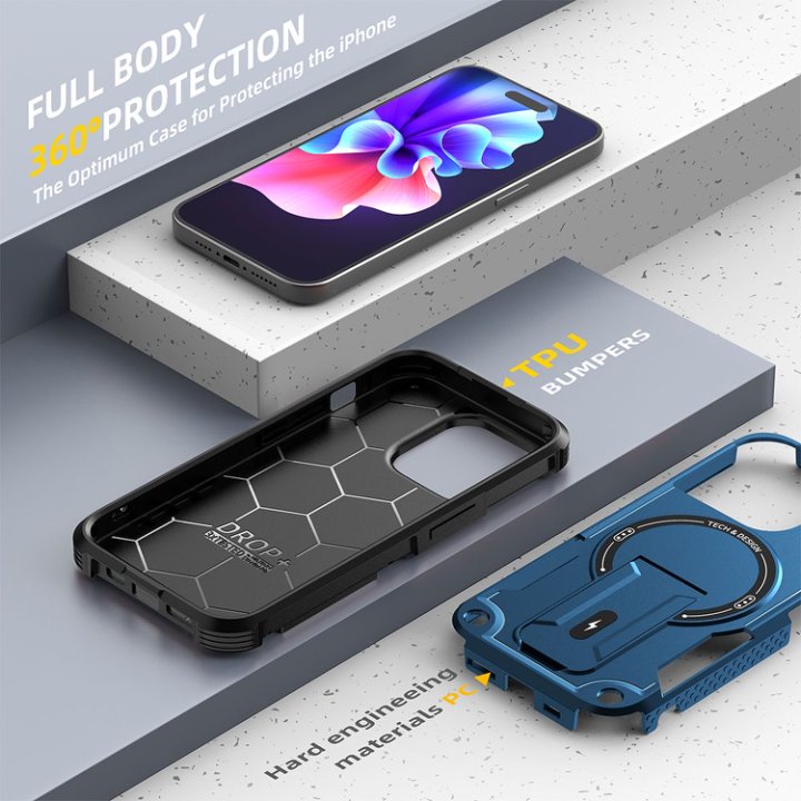 Husa Bumper Compatibil cu iPhone 15 Pro, Protectie 4 Colturi Anti-soc, Suport Fix, MagSafe Compatibil, Magnet Puternic, PC + TPU, Albastru inchis
