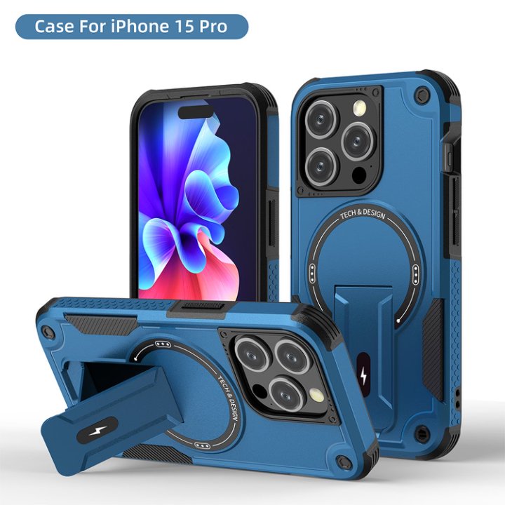 Husa Bumper Compatibil cu iPhone 15 Pro, Protectie 4 Colturi Anti-soc, Suport Fix, MagSafe Compatibil, Magnet Puternic, PC + TPU, Albastru inchis