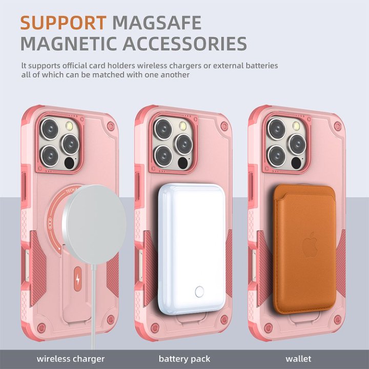 Husa Bumper Compatibil cu iPhone 16 Pro Max, Protectie 4 Colturi Anti-soc, Suport Fix, MagSafe Compatibil, Magnet Puternic, PC + TPU, Roz