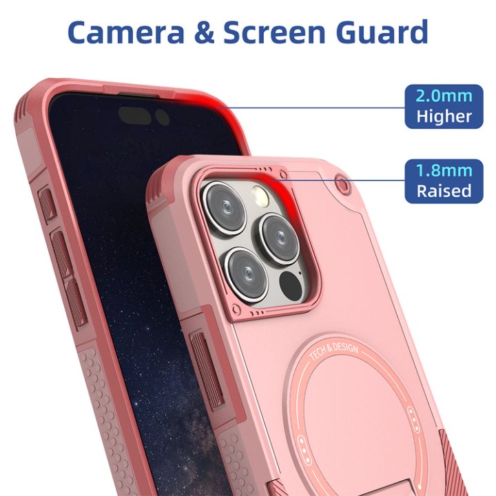 Husa Bumper Compatibil cu iPhone 16 Pro Max, Protectie 4 Colturi Anti-soc, Suport Fix, MagSafe Compatibil, Magnet Puternic, PC + TPU, Roz