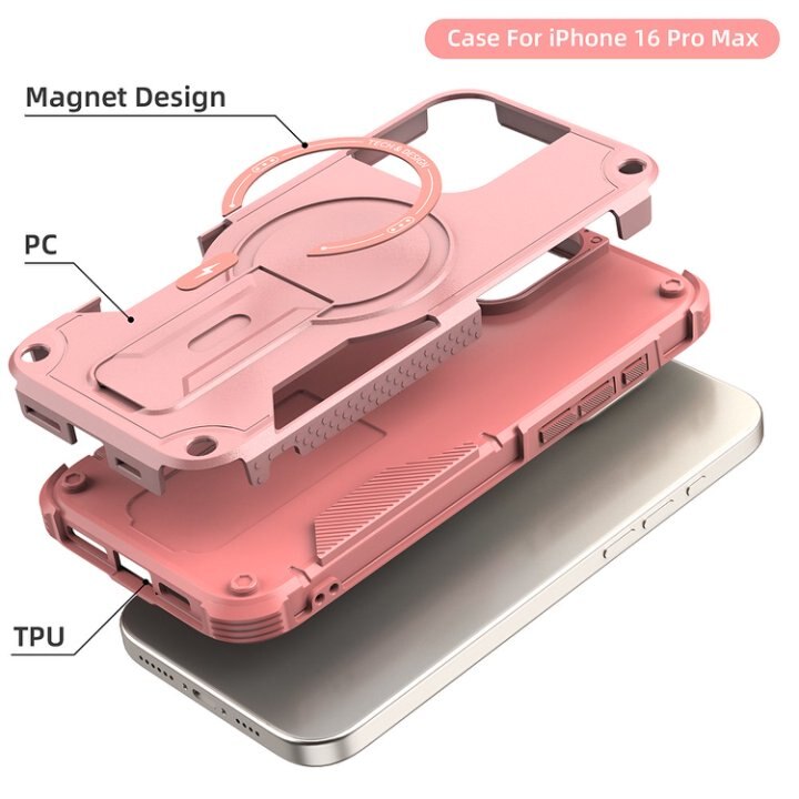 Husa Bumper Compatibil cu iPhone 16 Pro Max, Protectie 4 Colturi Anti-soc, Suport Fix, MagSafe Compatibil, Magnet Puternic, PC + TPU, Roz