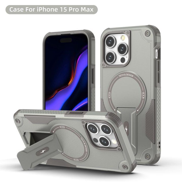 Husa Bumper Compatibil cu iPhone 15 Pro Max, Protectie 4 Colturi Anti-soc, Suport Fix, MagSafe Compatibil, Magnet Puternic, PC + TPU, Gri Metalic