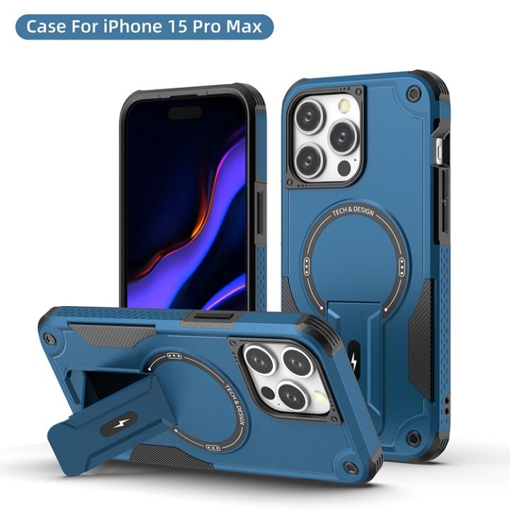 Husa Bumper Compatibil cu iPhone 15 Pro Max, Protectie 4 Colturi Anti-soc, Suport Fix, MagSafe Compatibil, Magnet Puternic, PC + TPU, Albastru inchis