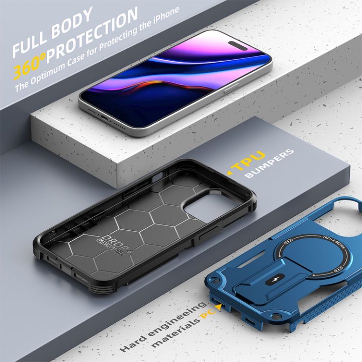 Husa Bumper Compatibil cu iPhone 15 Pro Max, Protectie 4 Colturi Anti-soc, Suport Fix, MagSafe Compatibil, Magnet Puternic, PC + TPU, Albastru inchis