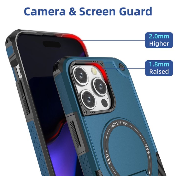Husa Bumper Compatibil cu iPhone 15 Pro Max, Protectie 4 Colturi Anti-soc, Suport Fix, MagSafe Compatibil, Magnet Puternic, PC + TPU, Albastru inchis