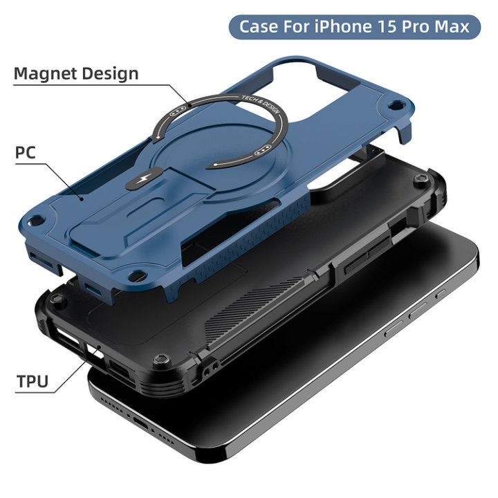 Husa Bumper Compatibil cu iPhone 15 Pro Max, Protectie 4 Colturi Anti-soc, Suport Fix, MagSafe Compatibil, Magnet Puternic, PC + TPU, Albastru inchis